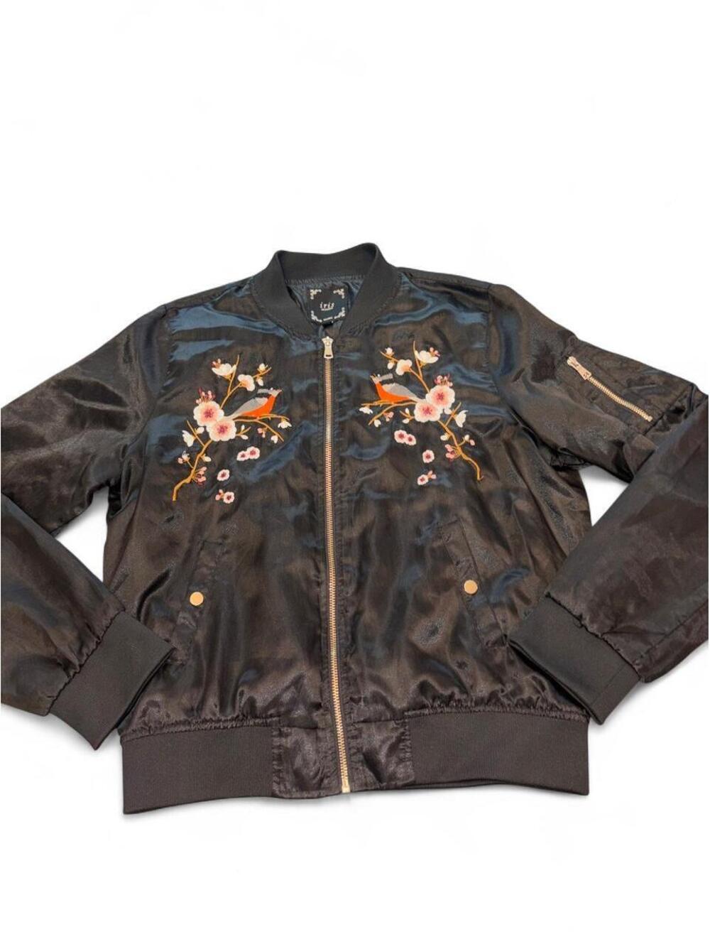 Iris Los Angeles Black Satin Embroidered Cherry Blossom Bird Bomber Jacket